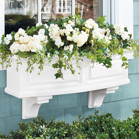 Windowsill Companion. This elegant window box planter from Grandin Road transports us to New England. Window Planter, Hair Yarn, Window Box Flowers, Window Planters, Self Watering Pots, Window Planter Boxes, Casa Vintage, Tall Planters, Angel Hair