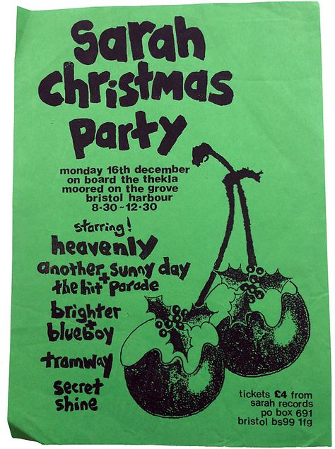 Poster for the 1991 Sarah Records Christmas party on board the Thekla in Bristol. Sarah Records, Christmas Records, Silent Disco Poster, Vinyl Record Graphic Design, Inspiral Carpets, Christmas Party Poster, Indie Scene, Music Flyer, Club Poster