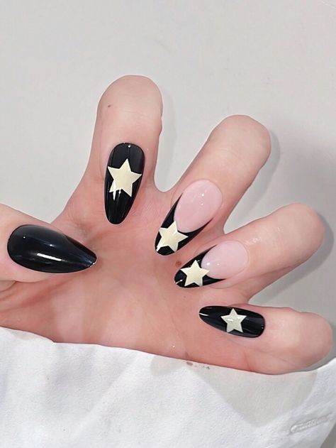 Nails Star, Medium Stiletto, Black French Tip, French Tip Press On Nails, Black French Tips, Medium Almond, Black French, Fake Nail, Star Pattern