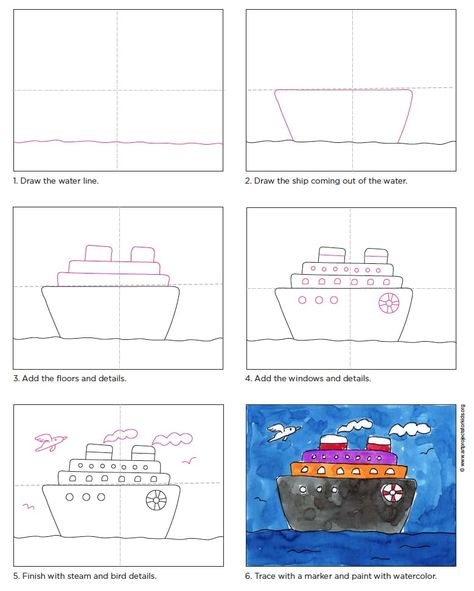 Draw a Cruise Ship · Art Projects for Kids. Here’s a simple way to draw and paint a cruise ship. The bottom ocean got an extra coat of blue so that it would stand out from the sky. #cruiseship #howtodraw How To Draw Ship, Cruise Ship Crafts For Kids, Beginner Drawing, Toddler Drawing, Kindergarten Art Lessons, Flower Pattern Drawing, 2nd Grade Art, Drawing Lessons For Kids, Draw And Paint