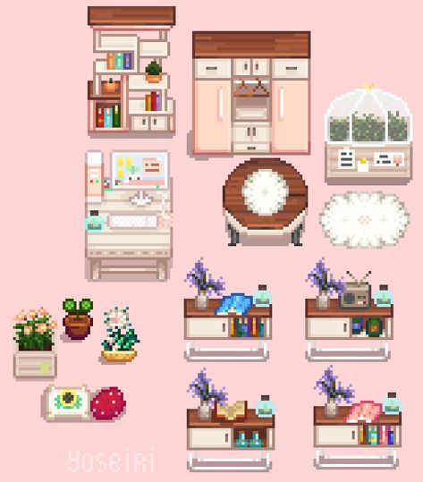 Simple Life furniture Pixel Furniture Art, Stardew Furniture Mods, Cute Stardew Valley Mods, Stardew Valley Mods Furniture, Stardew Valley Furniture Mod, Stardew Valley Furniture, Pixel Art Furniture, Stardew Valley Mods Clothes, Stardew Furniture