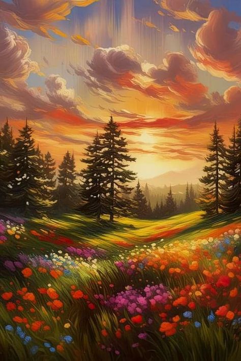 Flowers Poster, Sun Painting, Landscape Art Painting, Vibrant Flowers, Sunset Canvas, Sunset Art, Beautiful Landscape Wallpaper, Sky Art, The Landscape