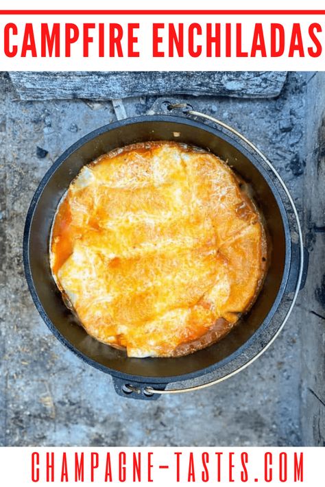 These campfire enchiladas are made in a cast iron Dutch oven and filled with veggies, beans and (optionally) canned crab. Perfect for camping! Campfire Enchiladas, Dutch Oven Recipes Cast Iron, Dutch Oven Camping Recipes, Dutch Oven Chicken, Campfire Recipes, Cast Iron Chicken, Enchilada Ingredients, Dutch Oven Camping, Dutch Oven Cooking