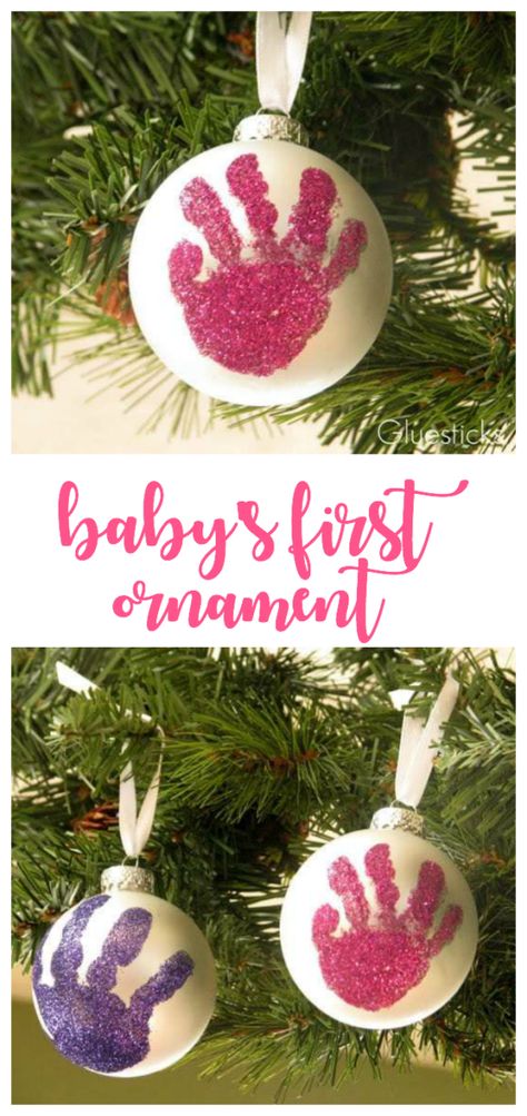 Baby's first ornament needs to be special. A way to document just how tiny they were that first year. This glitter handprint is the perfect way to do that! Handprint Keepsake, Glitter Ornaments Diy, Handprint Ornaments, Santa Gift Tags, Cricket Ideas, Christmas Crafty, Baby Handprint, Globe Ornament, Special A