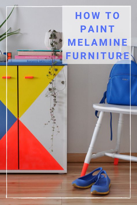 How to paint melamine furniture using spray paints and plastic primer. Step by step tutorial How To Paint Melamine, Painting Melamine Furniture, How To Paint Melamine Furniture, Paint Melamine Furniture, Funky Painted Furniture Ideas, Painting Melamine, What To Paint, Painting Laminate Furniture, Spray Paint Furniture