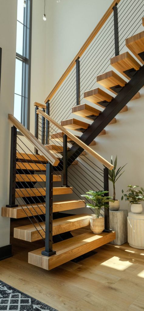 Industrial Stairs, Painted Staircases, Open Stairs, Modern Family Rooms, Escalier Design, Steel Stairs, Floating Stairs, Floating Staircase, Stair Case