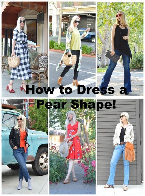 How to dress a pear-shaped figure, the most flattering wardrobe pieces on a pear shape, how to dress your pear-shaped body, how to dress to flatter your body shape, styling tips for pear shapes, shopping tips for pear shapes. #pearshape Petite Pear Shape Outfits, Pear Body Shape Fashion, Pear Shaped Fashion, Pear Body Shape Outfits, Pear Shape Fashion, Pear Shaped Dresses, Pear Shaped Outfits, Pear Shaped Women, Pear Body