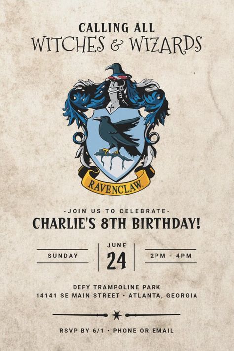 Harry Potter Birthday | Ravenclaw Invitation
Celebrate your child's birthday with these Ravenclaw Crest Birthday Invitations! Whether they're in Gryffindor, Slytherin, Hufflepuff, or Ravenclaw, your child and their friends can celebrate together with the Hogwarts School of Witchcraft and Wizardry Crest. Don't forget to send out the matching Ravenclaw Crest thank you notes! Harry Potter Party Invitations, Harry Potter Birthday Invitations, Harry Potter Invitations, Unique Birthday Ideas, Harry Potter Theme Birthday, Cumpleaños Harry Potter, Gryffindor Slytherin, Diy Birthday Invitations, School Of Witchcraft