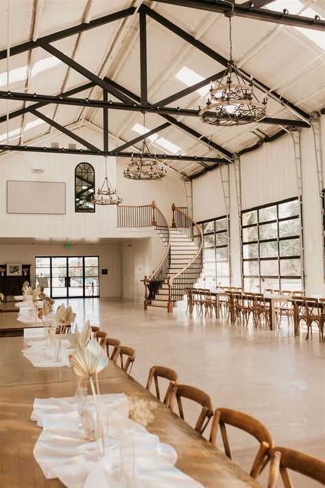 Modern Event Venue Design, Wedding Venue Indoor And Outdoor, Bridal Venue Ideas, Barn Wedding Furniture, Western Venue Ideas, Events Venue Design, Indoor Wedding Venues Reception Halls, Metal Building Event Venues, Building Wedding Venue Ideas