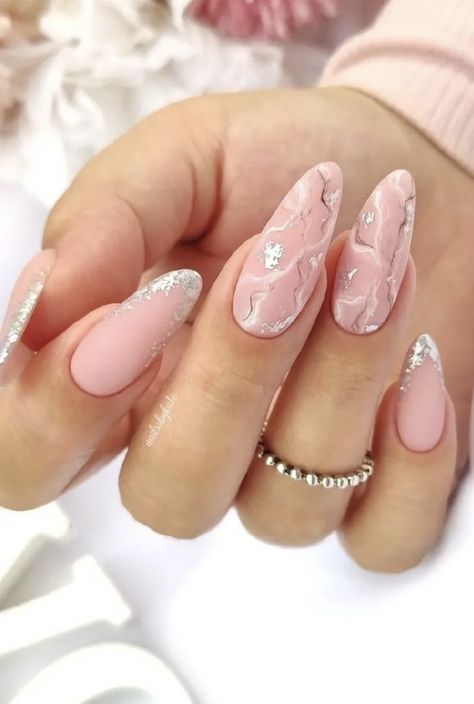 White Lace Nails, Long Almond Nails, Long Square Nails, Silver Glitter Nails, Matte Nail Polish, Nude Nail Polish, Nude Nail, Different Nail Designs, Floral Nail Designs