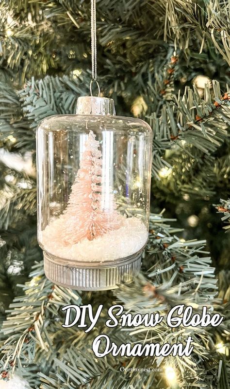 DIY snowglobe ornament with bottle brush trees Diy Snowglobe Ornament, Strawberry Cheesecake Trifle Recipe, Strawberry Cheesecake Trifle, Diy Snowglobe, Homemade Christmas Ornament, Snowglobe Ornament, Christmas Ornament Ideas, Cheesecake Trifle, Yarns Ornaments