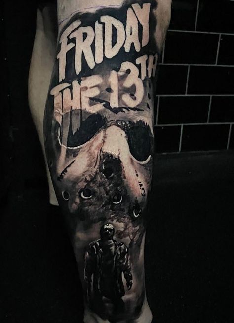 Childs Play Tattoo, Horror Movies Tattoos, Jason Tattoo Design, Horror Realism Tattoo, Jason Tattoo Friday The 13th, Jason Voorhees Tattoo Designs, Horror Leg Sleeve Tattoo, Horror Tattoo Sleeve, Jason Vorhees Tattoo