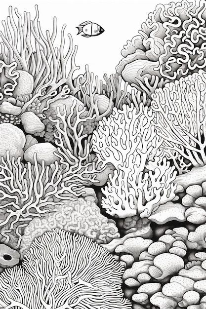 Photo a black and white drawing of coral... | Premium Photo #Freepik #photo #reef #coral #corals #coral-reef Sea Life Drawings Coral Reefs, Black And Grey Coral Reef Tattoo, Coral Sea Drawing, Coral Drawing Tutorial, Sea Sponge Drawing, Shoal Of Fish Drawing, Coral Abstract Art, Coral Line Drawing, Coral Sketch Drawings