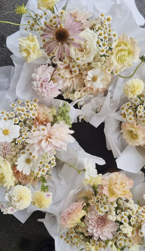 Subtle Color Wedding Flowers, Neutral With Pop Of Color Wedding, Flowers At The Alter, Muted Bridal Bouquet, Peaches And Cream Dahlia, Soft Pastel Bouquet, Spring Wedding Floral Centerpieces, Spring Flower Table Arrangements, Whimsical Bridesmaid Bouquet