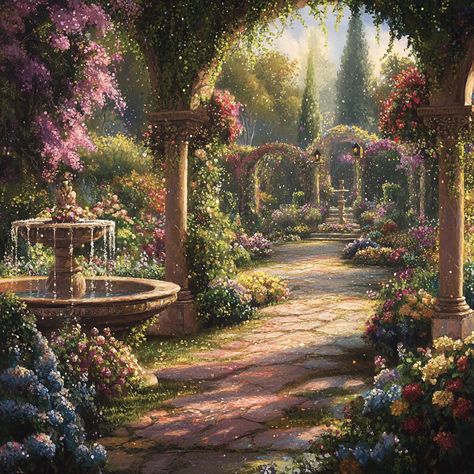 Step into the mesmerizing beauty of the Spring Court from "A Court of Thorns and Roses" by Sarah J. Maas. This stunning artwork showcases an enchanting garden brimming with vibrant blooming flowers, shimmering petals, and ethereal light. Ornate archways adorned with cascading floral arrangements and delicate vines intertwined with sparkling magical lights create a scene of pure magic and serenity.  #ACOTAR #SpringCourt #SarahJMaas #FantasyArt #BookArt #MagicRealism #EnchantingArt #FantasyBooks #ACOTARFanArt #A Court of Thorns and Roses #BookLovers #ArtInspiredByBooks #Illustration #CreativeArt The Spring Court Acotar, A Court Of Thrones And Roses Aesthetic, Acotar Spring Court Aesthetic, Acotar Aesthetic Spring Court, Acotar Landscape, A Court Of Thorns And Roses Art, Spring Court Manor, The Court Of Thorns And Roses, Feyre Spring Court