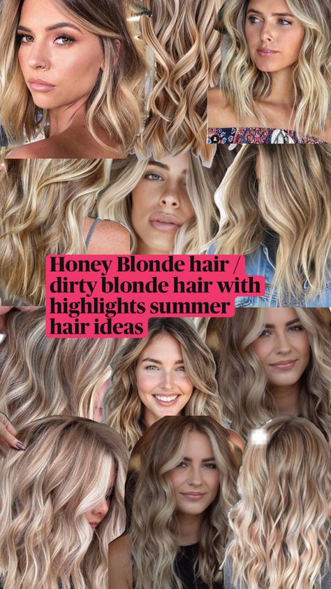 Summer hair colors like honey blonde and dirty blonde hair with blonde highlights Blonde Hair With Blonde Highlights, Blonde With Blonde Highlights, Dirty Blonde Hair With Highlights, Hair With Blonde Highlights, Honey Blonde Hair Color, Dirty Blonde Hair, Honey Blonde Hair, Blonde Hair With Highlights, Dirty Blonde