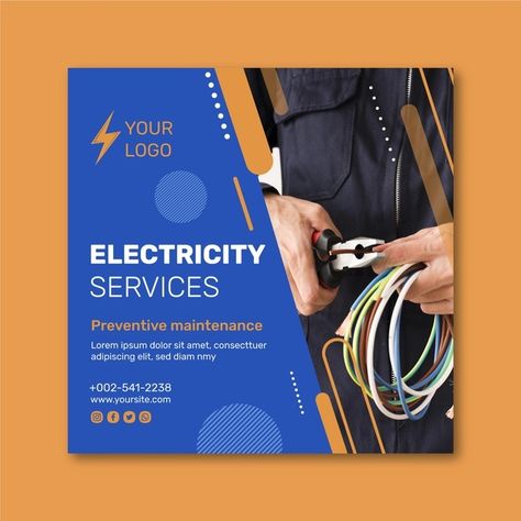 Electrician Flyer, Services Poster, Square Template, Black Friday Flyer, Electrical Maintenance, Digital Advertising Design, Certificate Background, 3d Ideas, Annual Report Design