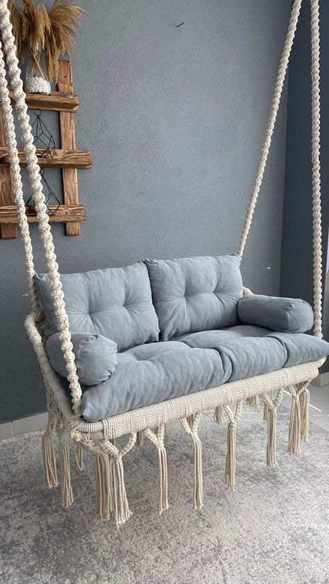 large macrame swing Macrame Swings Hanging Chairs, Swing In Bedroom, Wood Partition Design, Bedroom Swing, Room Swing, Macrame Hammock Chair, Girl Apartment Decor, Macrame Hammock, Room Organization Bedroom