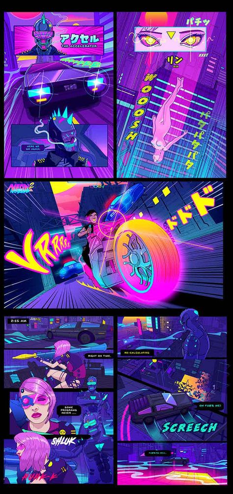 Neon Comic Art, Neon Wasteland, Dystopian Drawing, Cyberpunk Comic, Cyberpunk Color, Neon Cyberpunk Aesthetic, Wasteland 2, Neon Illustration, Ar App