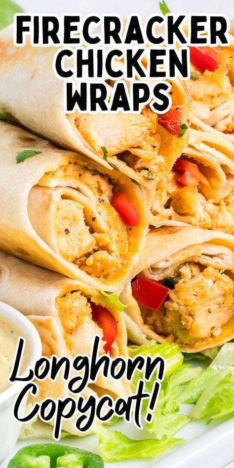 These easy Firecracker Chicken Wraps are a Longhorn copycat recipe that you'll love as an appetizer for a party, or pair them with some rice and a house salad for a weeknight dinner recipe! Firecracker Chicken Wraps, Enchilada Casserole With Corn Tortillas, Longhorn Copycat Recipes, Casserole With Corn Tortillas, Poppyseed Muffins, Firecracker Chicken, Cracker Chicken, Homemade Appetizer, Chicken Wrap Recipes