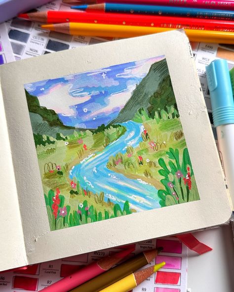 Let's draw a Landscape with Acrylic Markers Wildflowers Sketch, Myself Drawing, Drawing Landscapes, Drawing Backgrounds, Drawing Things, Acrylic Markers, Things To Draw, Coloured Pencils, Marker Art