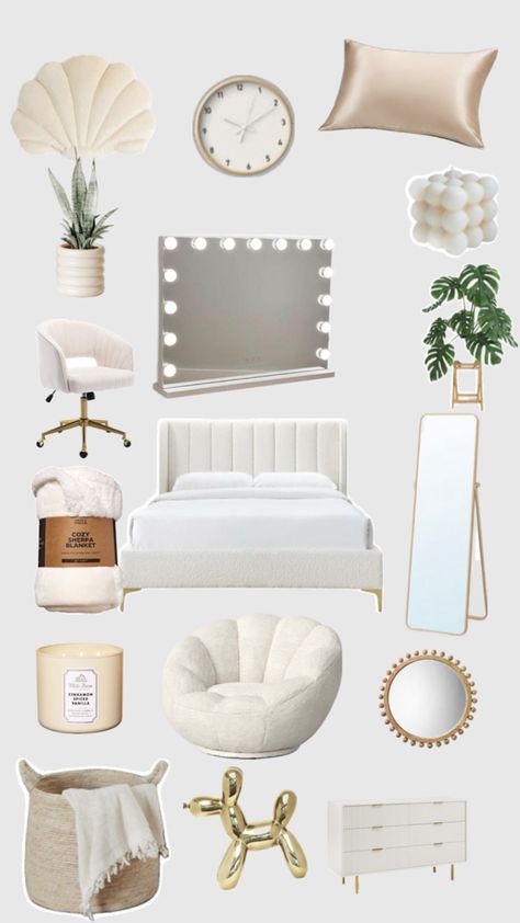 Room Ideas Gold And White, Ballet Aesthetic Bedroom, Room Ideas Vanilla Girl, Vanila Gril Room, Gold And White Room, White And Gold Bedroom Aesthetic, White And Gold Bedroom Ideas, Aesthetic Bedroom Furniture, Gold And White Bedroom