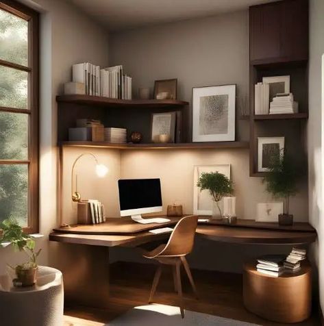 Corner Home Office Desk, Corner Desk And Shelving, Small Living Room Ideas Apartment With Computer Desk, Office Decor Corner Desk, Desk And Library Work Spaces, Home Office With Corner Desk Ideas, Office Desk For Bedroom, Office Interior Design With Window, Office Nook Ideas Small Workspace Corner Desk