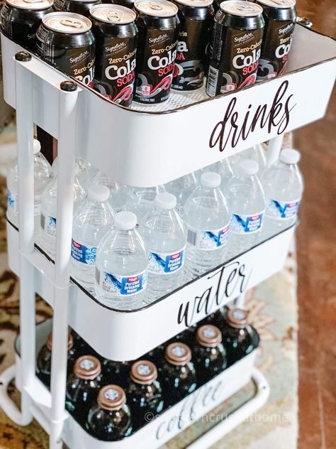 Extra Drink Storage Ideas, How To Display Soda Cans At A Party, Drink Dispenser Stand Diy, Make Your Own Drink Station, Beverage Storage Ideas, Beverage Cart Ideas, Drink Cart Ideas, Drink Station Home, Drink Storage Ideas