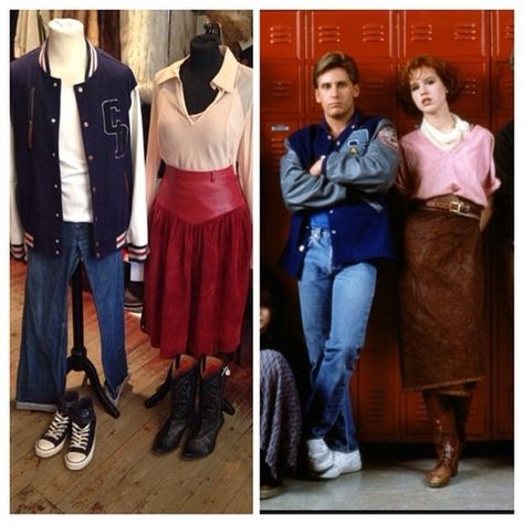 The Athlete and the Princess • letterman jacket with leather arms - size M - £45 • levi jeans - size small - £15 • leather and suede skirt - size UK 8 - £24 • pink blouse - size UK 10 - £12 #mollyringwald #breakfastclub #thebreakfastclub #princess #athlete #80sicob #80s #80smovie #emilioestevez #andrewclark #clairestandish #jock #letterman #fashion #costume #twitter #instagram #johnhughes #teenager 80s Letterman Jacket Outfit, 80s Letterman Jacket, Letterman Jacket Outfit, Emilio Estevez, 80s Girl, 80’s Fashion, Jacket Outfit, Letterman Jacket, The Breakfast Club