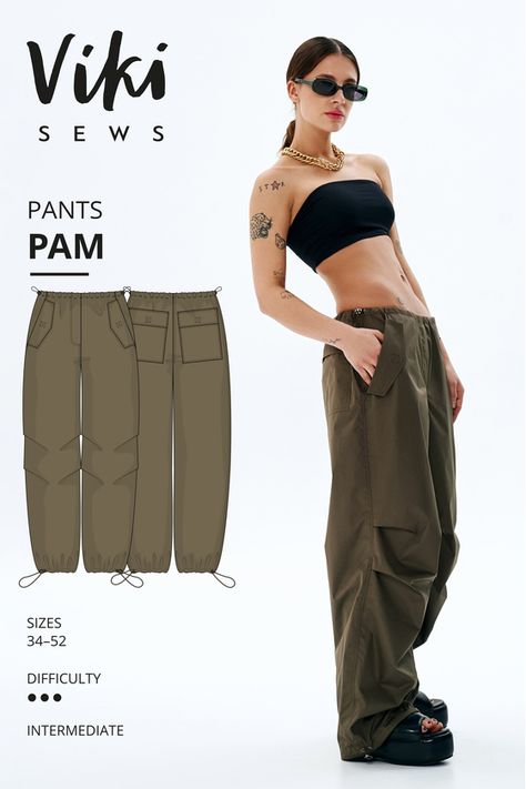 Patterns :: Women's patterns :: Trousers and shorts :: EXCLUSIVE Vikisews Pam pants sewing pattern, US sizes 2 - 20 / EU 34 - 52 / UK 6 - 24 One Piece Sewing Pattern, Baggy Pants Sewing Pattern Free, Parachute Pants Sewing Pattern, Boiler Suit Pattern, Cargo Pants Sewing Pattern, Alice Clothes, Low Waist Pants, Trousers Pattern, Trouser Pattern