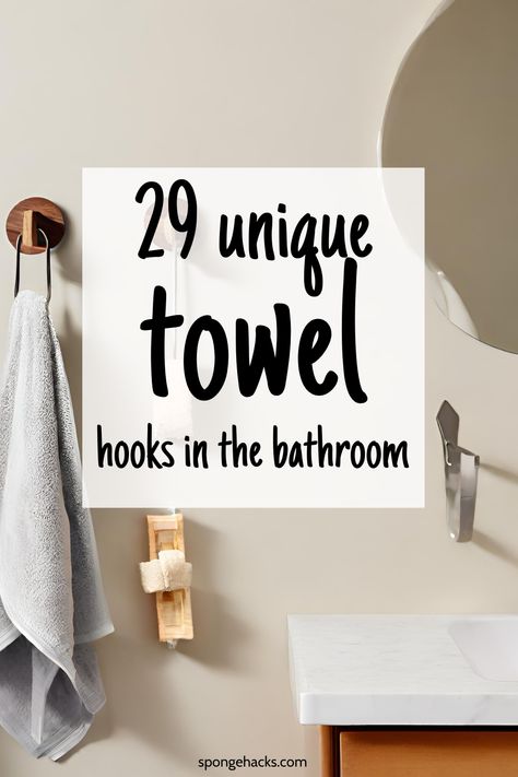 These unique towel hooks in the bathroom will instantly uplevel your modern bathroom. Towels Hooks In Bathroom, Bathroom Towel Hardware, Hand Towel In Small Bathroom, Restroom Hand Towel Ideas, Diy Hand Towel Holder Bathroom, Decorative Towel Hooks, Boho Towel Hooks, Bathroom Towel Rod Ideas, Bath Hand Towel Holder Ideas