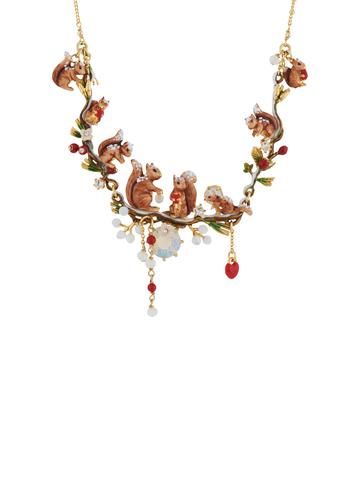 FOREST'S SECRET SNOW-COVERED SQUIRREL'S FAMILY ON THEIR FOREST BRANCH COUTURE NECKLACE Couture Necklace, Secret Forest, Les Nereides, Spring Jewelry, Detail Shop, Beautiful Stories, Floral Theme, Accessories Necklace, Playful Design