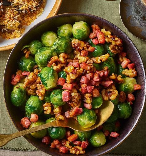 Brussels sprouts with pancetta and walnuts recipe | Sainsbury`s Magazine Christmas Recipes Sides, Brussels Sprouts With Pancetta, Pancetta Recipes, Glazed Walnuts, Walnuts Recipe, Christmas Side, Walnut Recipes, Best Christmas Recipes, Smoked Bacon