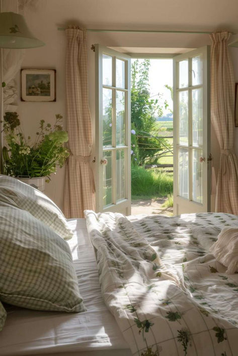 44 Feminine Bedroom Ideas You'll Dream About Delicate Bedroom Decor, Peaceful Home Decor Inspiration, French Doors To Bedroom, Cute House Bedroom, French Country Side Bedroom, Cozy Apartment Decor Bedroom, Cottages Bedrooms, Ethereal Bedroom Aesthetic, European Bedroom Aesthetic