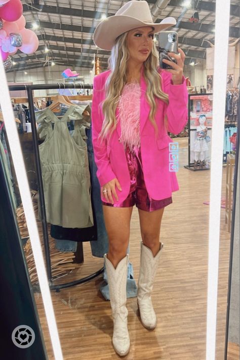 Pink Cowgirl Aesthetic Outfit, Pink Cowgirl Outfit, Hot Pink Blazer Outfit, Pink Boots Outfit, Pink Cowgirl Aesthetic, Southern Clothes, Pink Blazer Outfit, Cowgirl Bride, Nfr Outfits