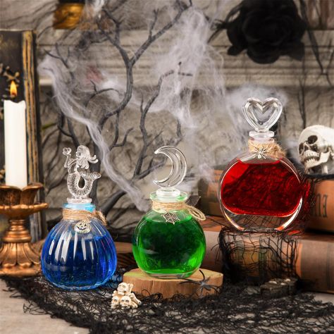 PRICES MAY VARY. Halloween Tiered Tray Decor: Potion bottles are available in 3 shapes, love bottle, moon bottle, mermaid's tears Potion bottle corresponding to the 4 stickers and 3 Halloween metal sign, a Witchcraft Knowledge Witch for Vintage manual fortune teller Accessories to wrap twine around the bottles for hanging or displaying. Halloween Decorations Indoor: These are must-haves for your halloween tiered tray decorations set these potion bottles can also be used for wizard/witch-themed b Halloween Potions Display, Witch Potion Bottles, Halloween Shelf Decor, Potion Bottles Halloween, Witchcraft Knowledge, Halloween Shelf, Apothecary Decor, Halloween Potion Bottles, Witch Potion