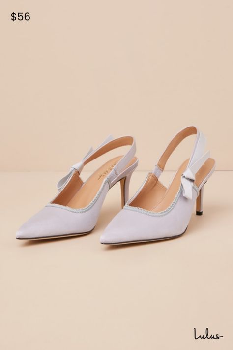 Find yourself feeling immensely flirty whenever you step out wearing the Lulus Ancolie Silver Satin Bow Pointed-Toe Slingback Pumps! Sleek woven satin shapes these coquettishly chic pumps that feature a pointed-toe upper with scalloped lace trim that accents the low-cut collar as it carries into a trendy slingback strap (with a bit of elastic at the side for fit). A bow-inspired detail at the outstep lends an adorable touch, while a stunning stiletto heel completes the look. 3" stiletto heel. Li Bow Pumps, Silver Pumps, Satin Heels, Satin Pumps, White Pumps, White Heels, Church Outfits, Pointed Toe Shoes, Shoes Heels Pumps