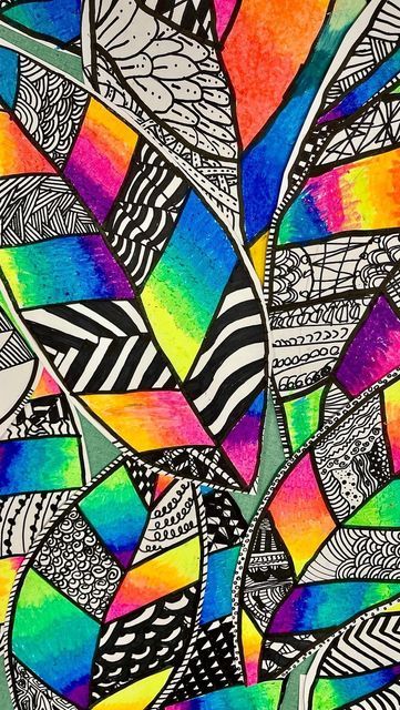 Lauralee Chambers🌀 on Instagram: "Stunning 5th grade Leaves were drawn with contour lines, designed with repetition, unity, variety and warm and cool color for contrast! @crayola neon oil pastels are gorgeous. #leaves #neoncolors #autumnart #falltheme #elementsofart" Unity And Variety Art Drawing, Unity And Variety Art, Principle Of Design Unity, Unity Drawing, Contrast Art, Blending Colored Pencils, Neurographic Art, 7th Grade Art, Optical Illusion Drawing