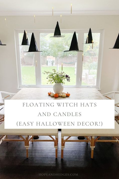 We loved adding these floating witch hats and candles as an easy Halloween decor idea! The floating candles are actually controlled by a remote which makes this PERFECT for an easy way to add Halloween lights indoors! It's such classy halloween decor and the kids LOVE it! Diy Floating Witch Hat Luminaries, Floating Witch Hats Dining Room, Halloween Witch Hat Decorations, Hanging Witch Hats And Candles, How To Hang Candles From Ceiling, Halloween Decorations Floating Candles, Floating Candles Halloween Diy, Witchy Decorations Diy, Floating Candle Halloween Decorations