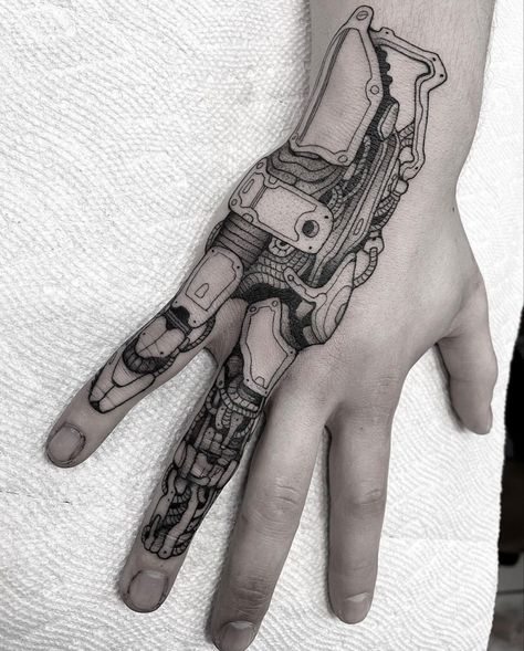 Robot Finger Tattoo, Robot Knee Tattoo, Cyberpunk Hand Tattoo, Schematic Tattoo, Bionic Tattoo, Tattoos Cyberpunk, Sci Fi Tattoos, Men's Hand Tattoos, Mech Tattoo