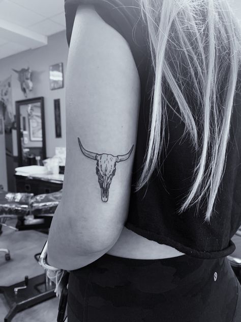 #tattoo #tattooideas #trendy #tattoosforwomen Small Long Tattoo For Women, Zach Bryan Bull Tattoo, Bull Skull Tattoo Back Of Arm, Punchy Tattoos Small, In Memory Horse Tattoo, Cow Hand Tattoo, Tattoo Ideas Southern, Simple Cow Skull Tattoo, Bull Tattoo Women