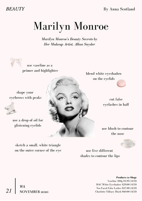 Beauty Secrets, Marilyn Monroe, Magazine, Makeup, Beauty, Make Up