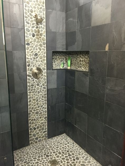 Pebble Tile Shower Ideas, Bathroom Stone Wall, Bathroom Wall Tile Design, Tub To Shower Remodel, Construction Art, Small Bathroom Remodel Designs, Toilet Tiles, Pebble Floor, Full Bathroom Remodel