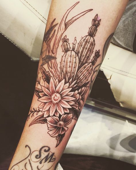 Cactus And Wildflower Tattoo, Western Forarm Tattoos For Women, Southwest Style Tattoos, Southwestern Tattoo Sleeve, Desert Floral Tattoo, Desert Sleeve Tattoos For Women, Southwest Tattoo Design, Punchy Western Tattoos For Women Sleeve, Womens Western Sleeve Tattoo