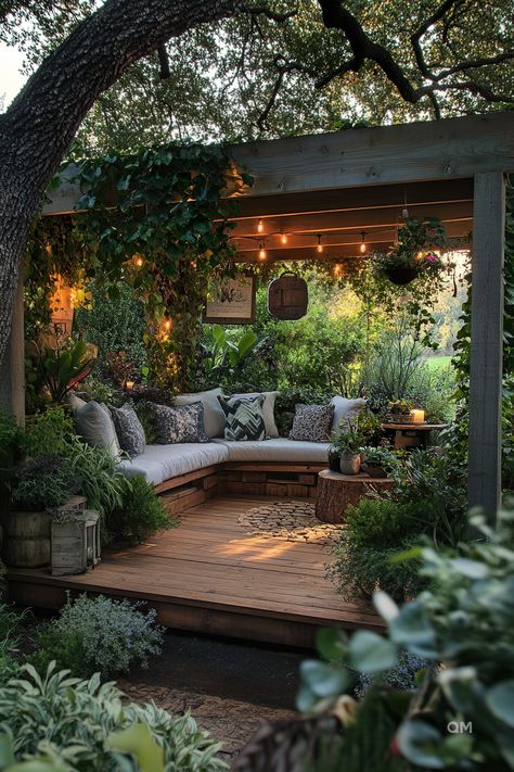 Cosy Garden Corner, English Grotto Garden, Garden Cosy Corner, Backyard Reading Nook, House With Garden Aesthetic, Garden Nook Ideas Outdoors, Corner Backyard Ideas, Cozy Garden Ideas, Patio Nook Ideas