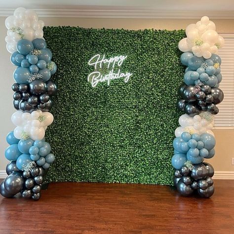 Gray Balloon Garland, Happy Birthday Neon Light, Green Grass Wall, Church Backdrop, Party Ambiance, Happy Birthday Neon, Event Decor Ideas, Party Decorations Table, Grass Backdrops