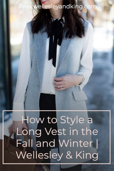 how to style a long vest in fall, how to style a long vest in winter, how to style a long vest, ways to wear a long vest, long vest outfits, long vest outfit ideas Outfits With Long Vests For Women, Long Vest Outfit Winter, Long Sleeveless Vest Outfits, Long Vest Outfit Fall, Grey Vest Outfit, Long Vest Outfits For Women, How To Style A Vest, Long Vest Outfit, Dressy Vest