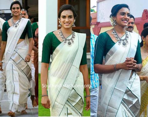 PV Sindhu visited Padmanabha Swami Temple and Attukal Bhagavathy Temple in Thiruvananthapuram wearing a traditional Kerala set mundu by Weavers Village. With flowers in her bun, the badminton champion rounded out her look with silver oxidized jewellery! Silver Kasavu Kerala Saree, Silver Set Saree, Set Mundu Blouse Design, Set Mundu Kerala, Saree Knots, Set Saree Kerala, Badminton Champion, Bride Sarees, Saree Kerala