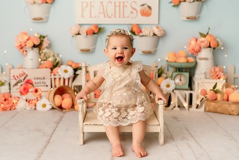 Peach First Birthday Photoshoot, One Sweet Peach Photoshoot, Cloud First Birthday, Peach Cake Smash, Peach Photoshoot, Peaches Cake, Photoshoot First Birthday, Baby Ellie, Cake Smash Photoshoot