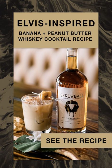 "The most delicious duo there ever was. Check out how to make our signature ""The King"" cocktail recipe, made with creamy banana liqueur and our smooth Skrewball Peanut Butter Whiskey! Trust us, this easy-to-make drink is as good as it sounds. #elvisthemed #elviscocktail " Screwball Whiskey And Banana Rum, Peanut Butter Banana Cocktail, Drinks With Peanut Butter Whiskey, Peanut Butter Whisky Drinks, Banana Whiskey Cocktail, Peanut Butter Whiskey Drinks, Skrewball Peanut Butter Whiskey Recipes, Peanut Butter Whiskey Cocktails, Whiskey Mixed Drinks